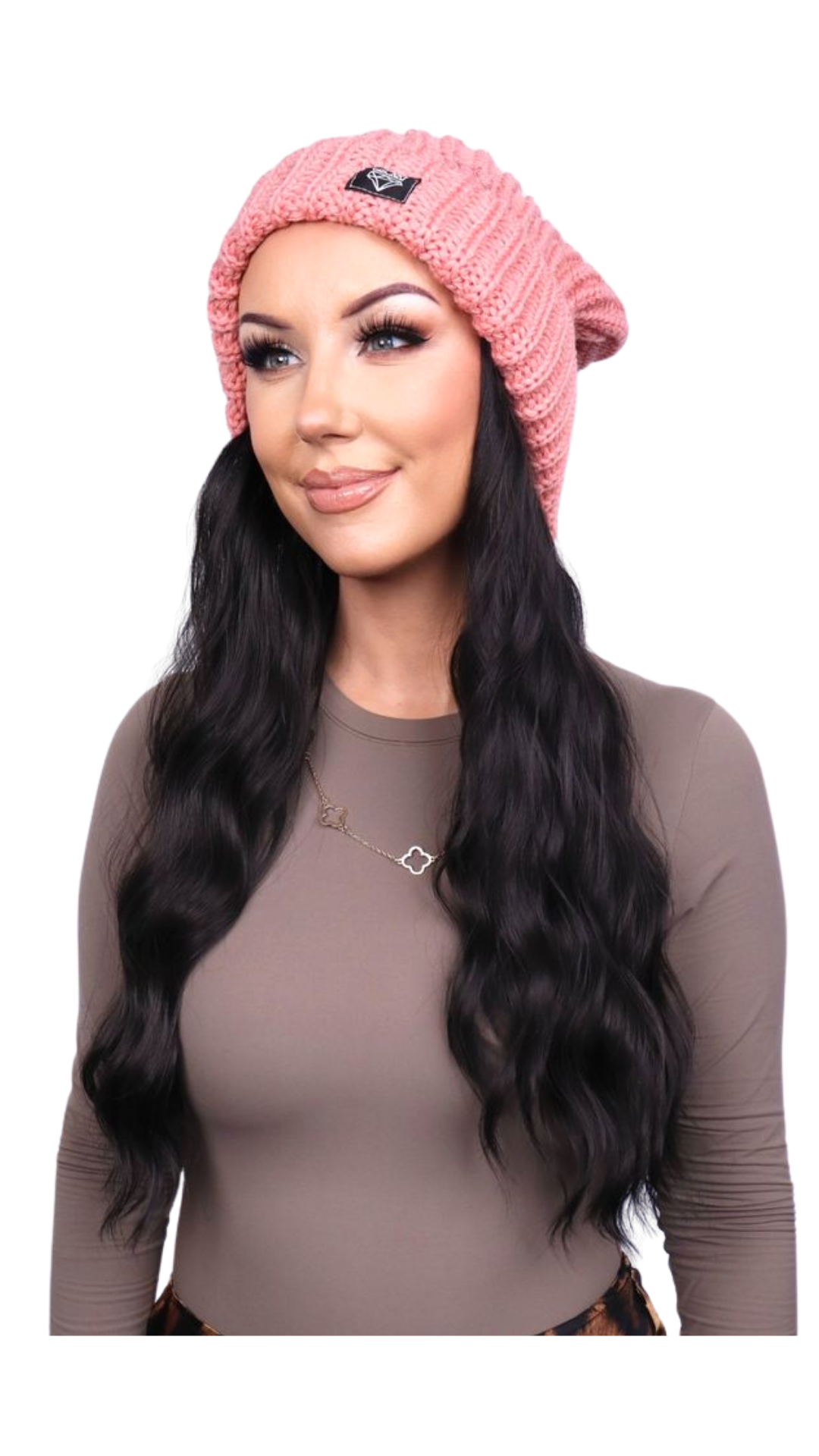 Pink Beanie (Black Wavy)