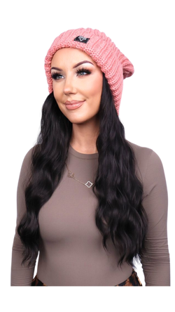 Pink Beanie (Black Wavy)