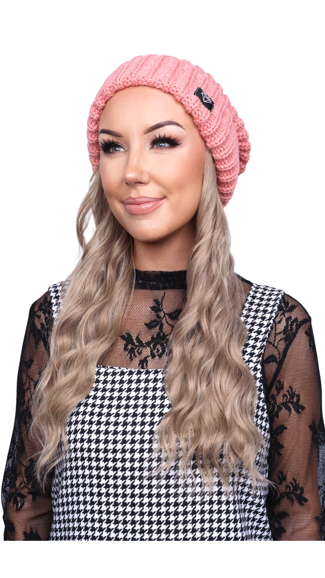 Pink Beanie (Dark Blonde Wavy)