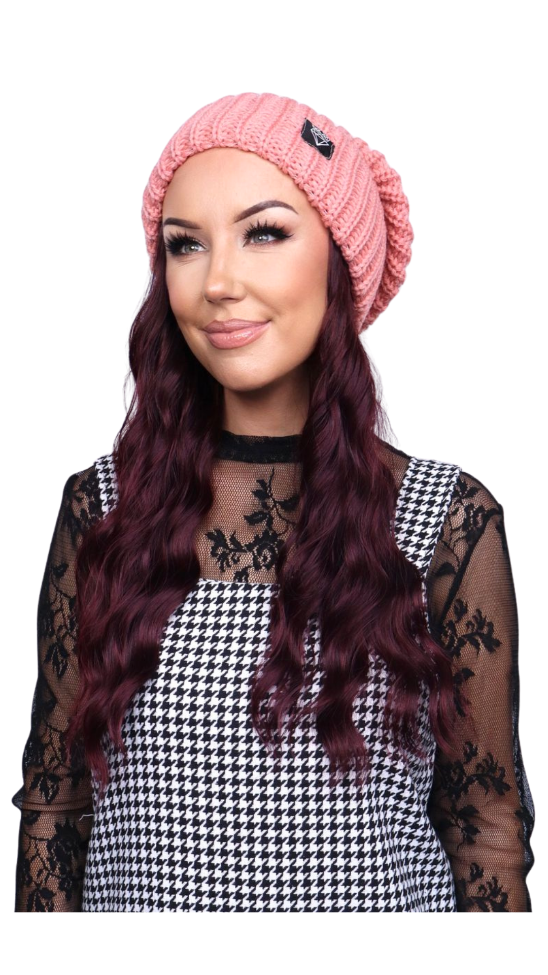 Pink Beanie (Burgundy Wavy)