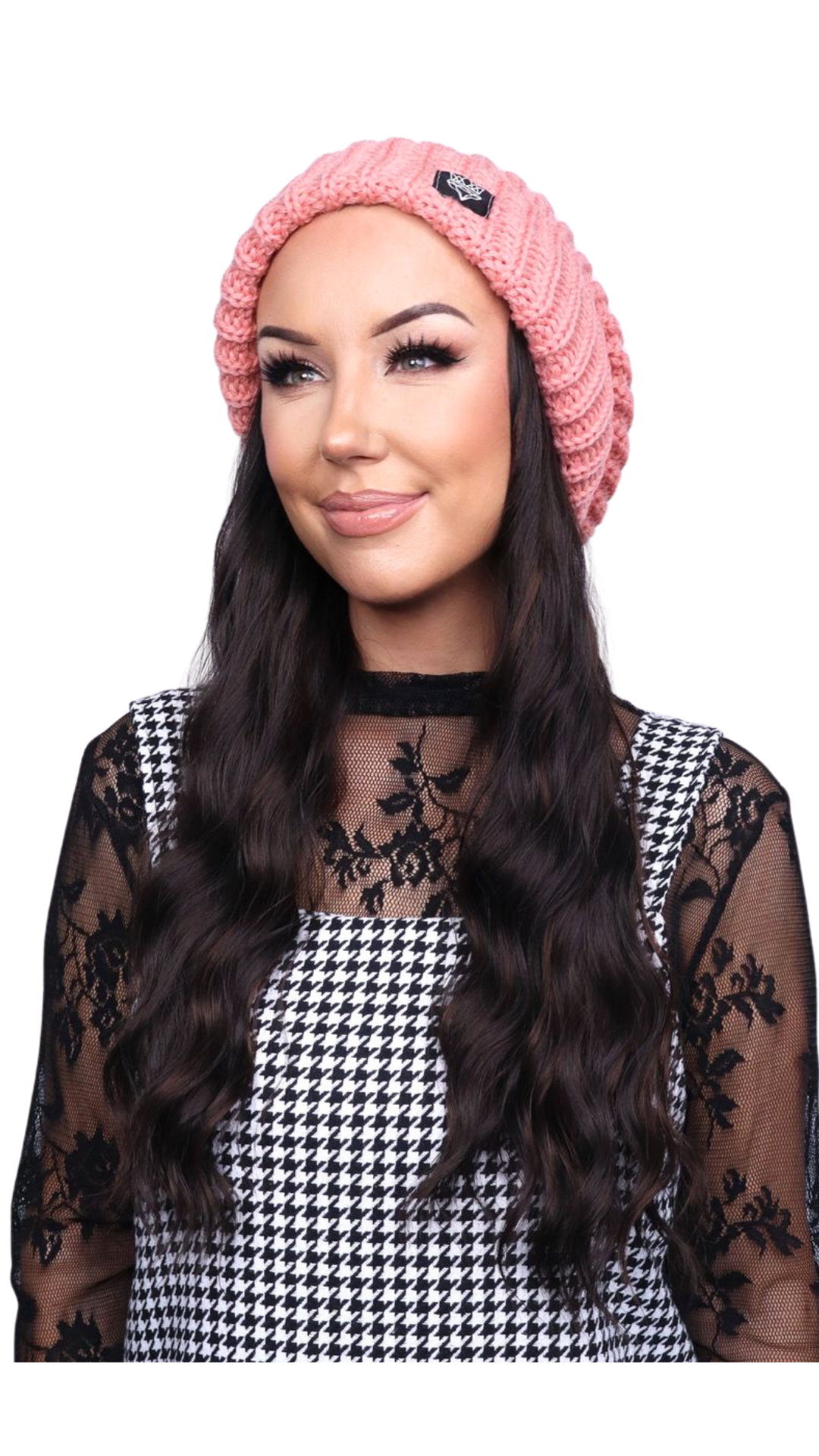 Pink Beanie (Brunette Wavy)