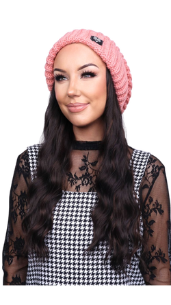 Pink Beanie (Brunette Wavy)