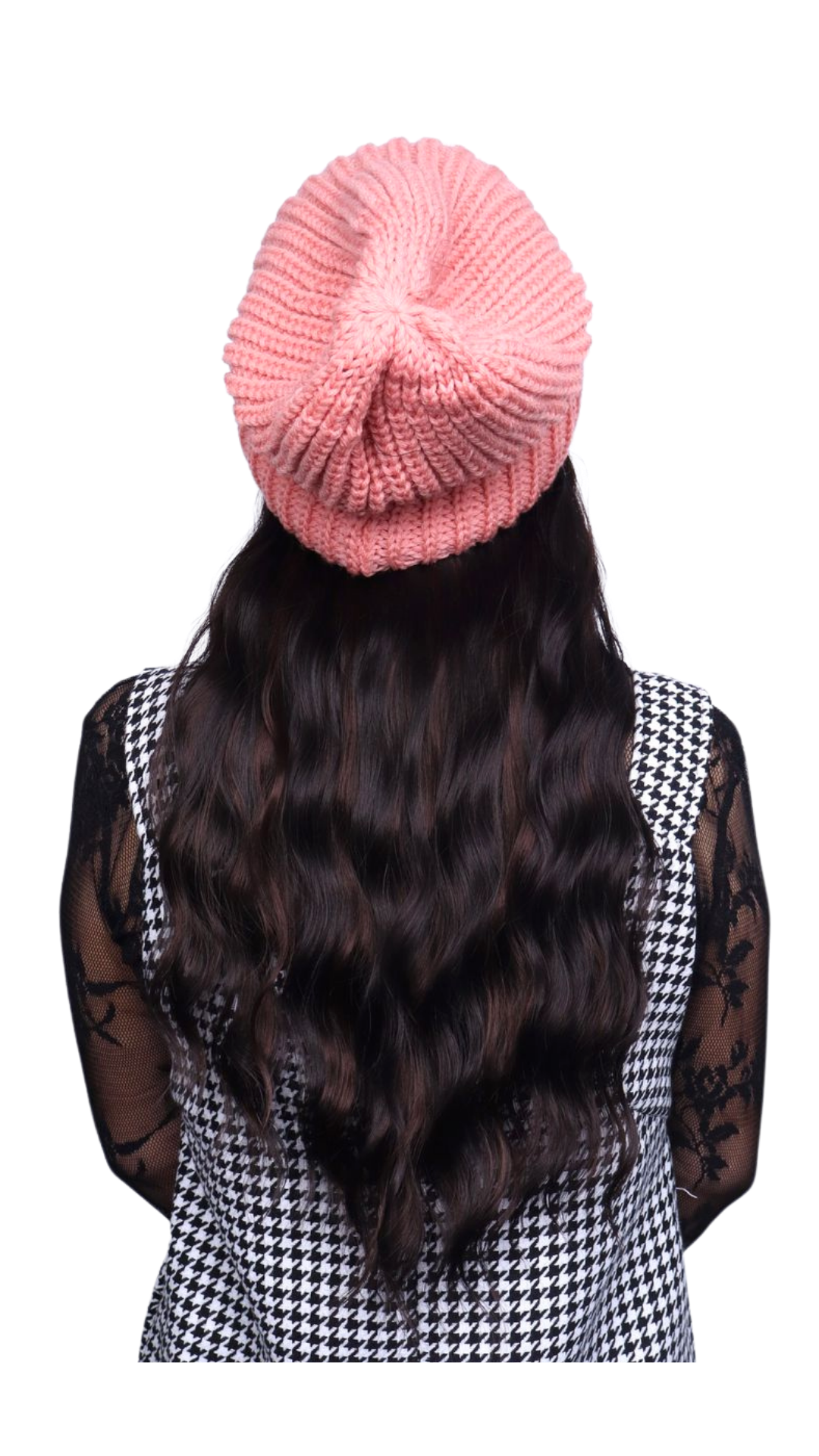 Pink Beanie (Brunette Wavy)