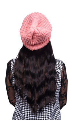 Pink Beanie (Brunette Wavy)