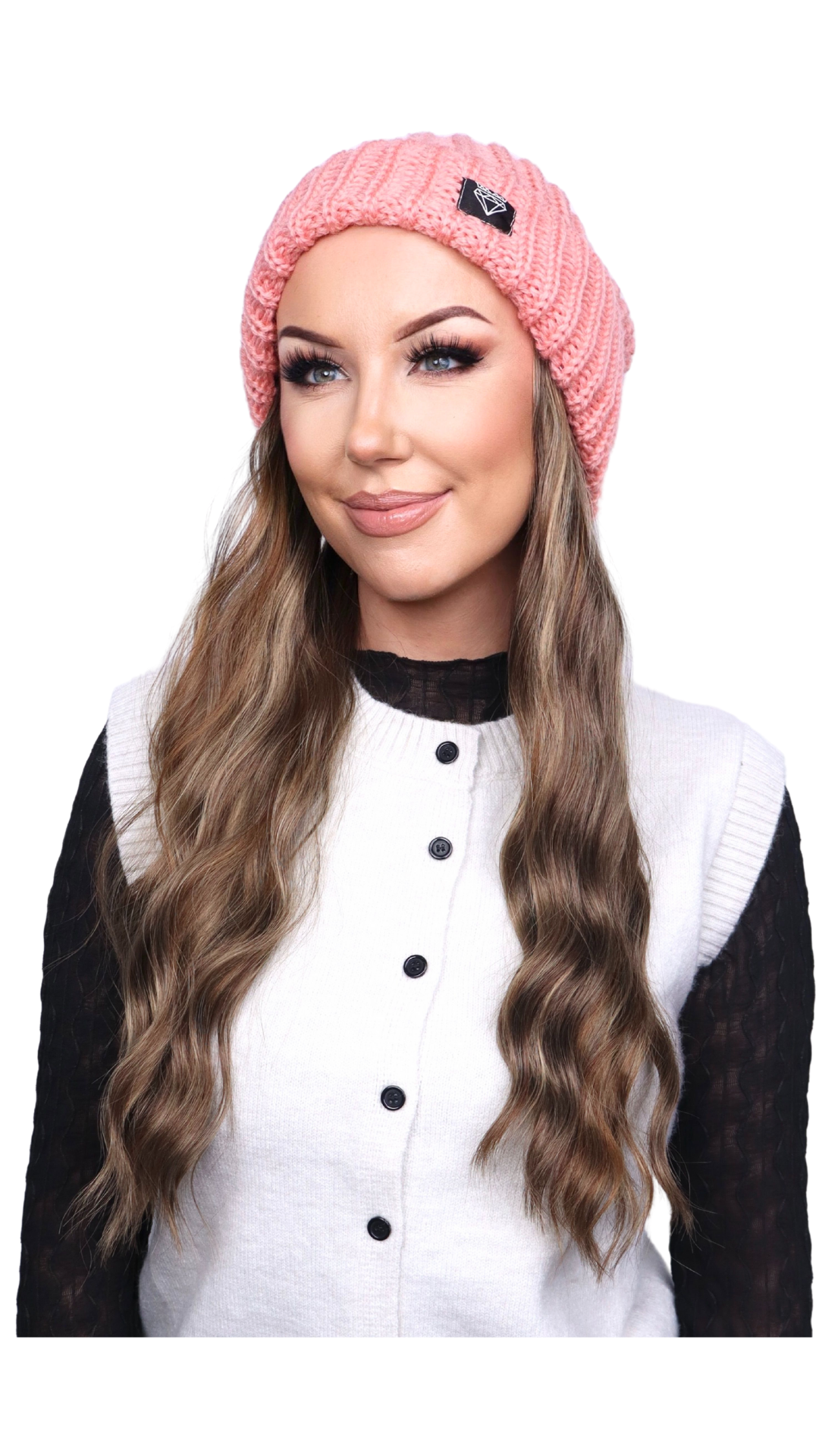 Pink Beanie (Golden Brunette Wavy)